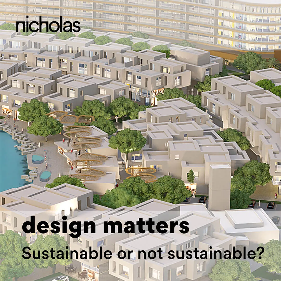 Visual of minimal buildings used to question whether current architectural practices truly embody sustainability principles
