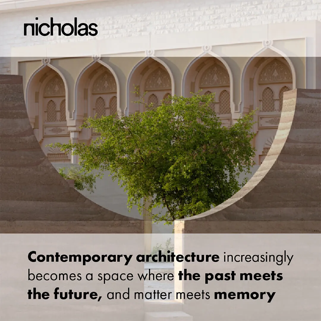 Contemporary Arabic-style building façade representing Middle Eastern architecture as a space where past meets future and matter meets memory