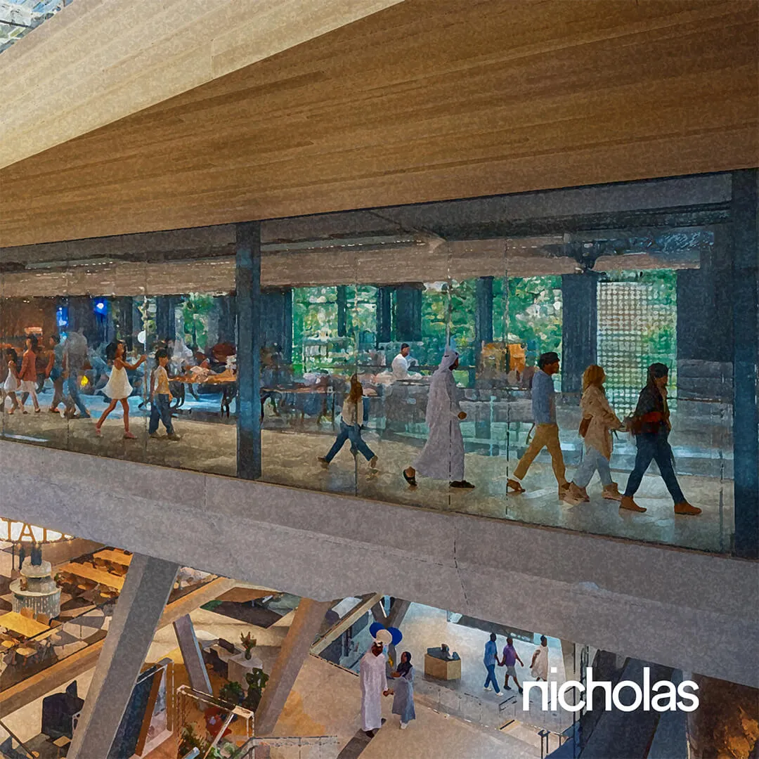 Interior of a multi-level shopping mall filled with people, representing 21st century retail as a destination that regenerates cities and drives economic growth