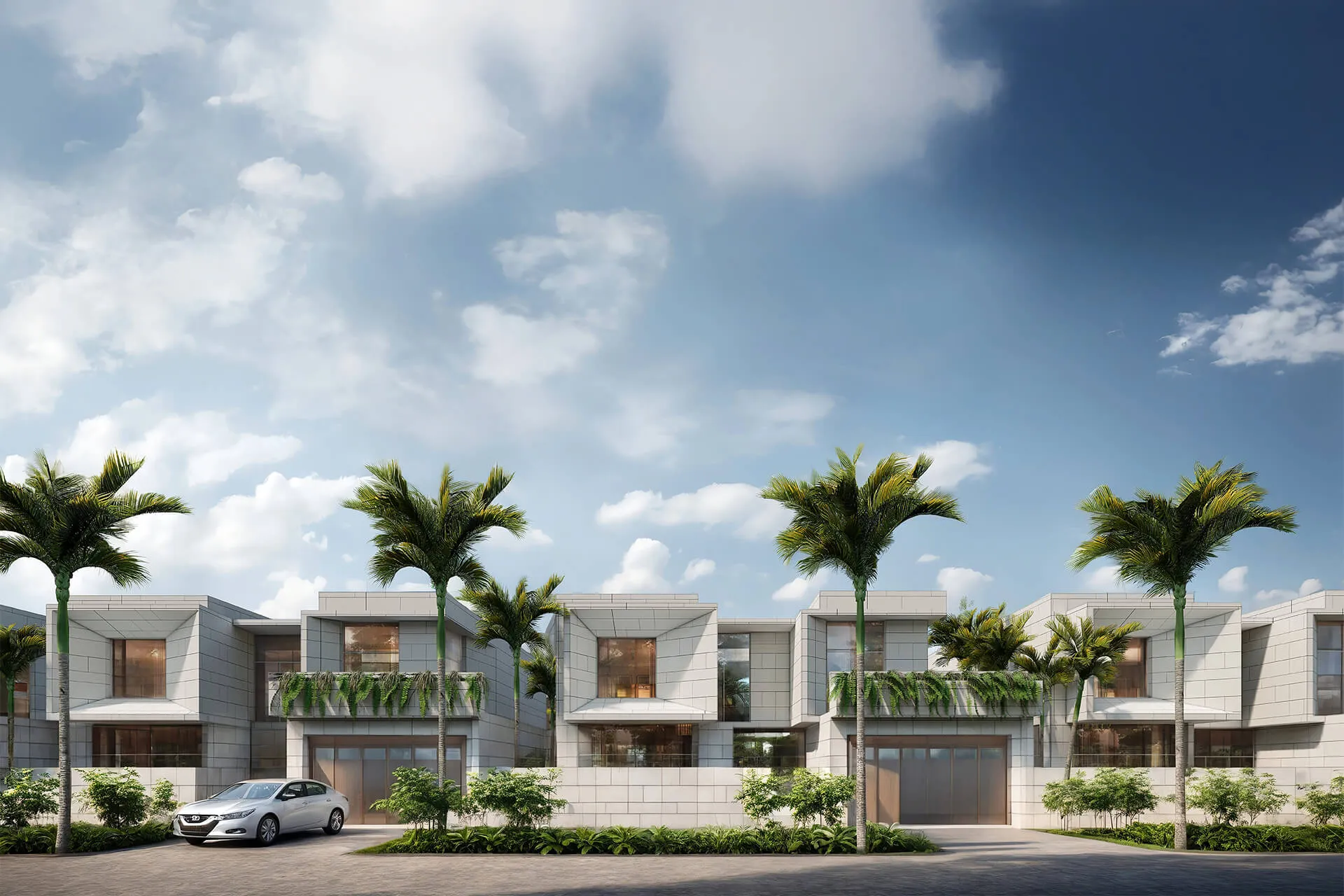 Residential villas behind the main commercial building at East Point Riffa, connected by gardens and paths to create a community environment