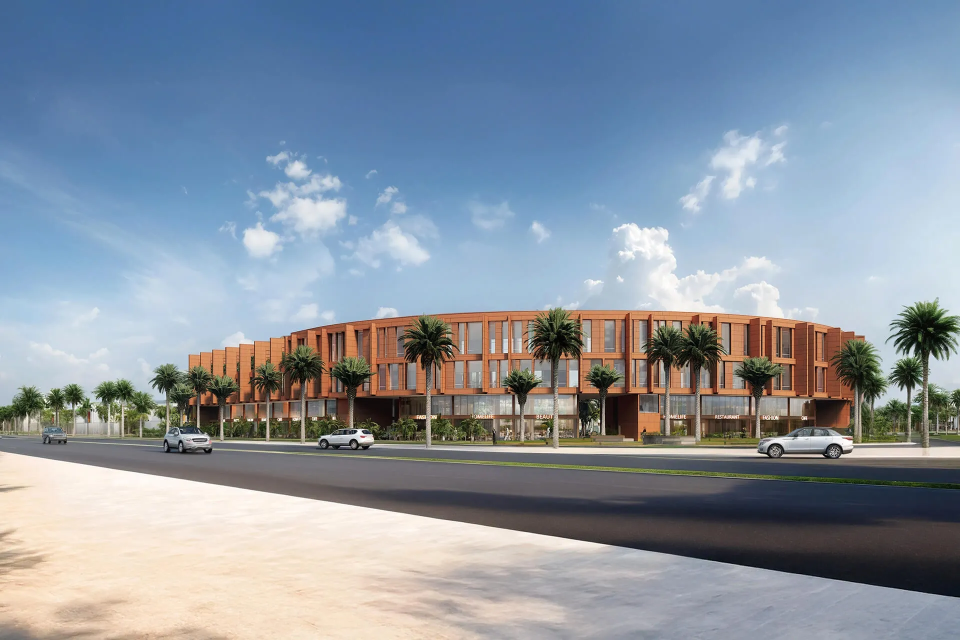 East Point Riffa Curved Retail Building with shaded colonnades in Bahrain