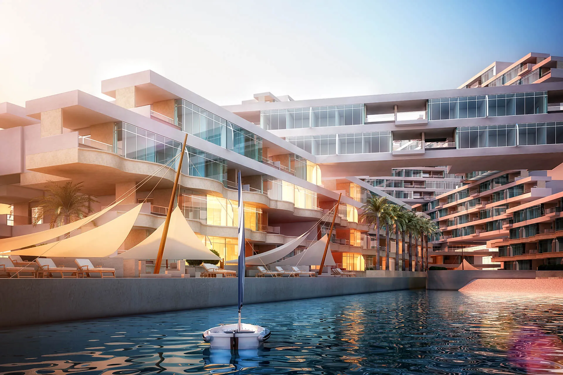 Detailed view of Boutique Beach Resort, showing the water-facing apartments