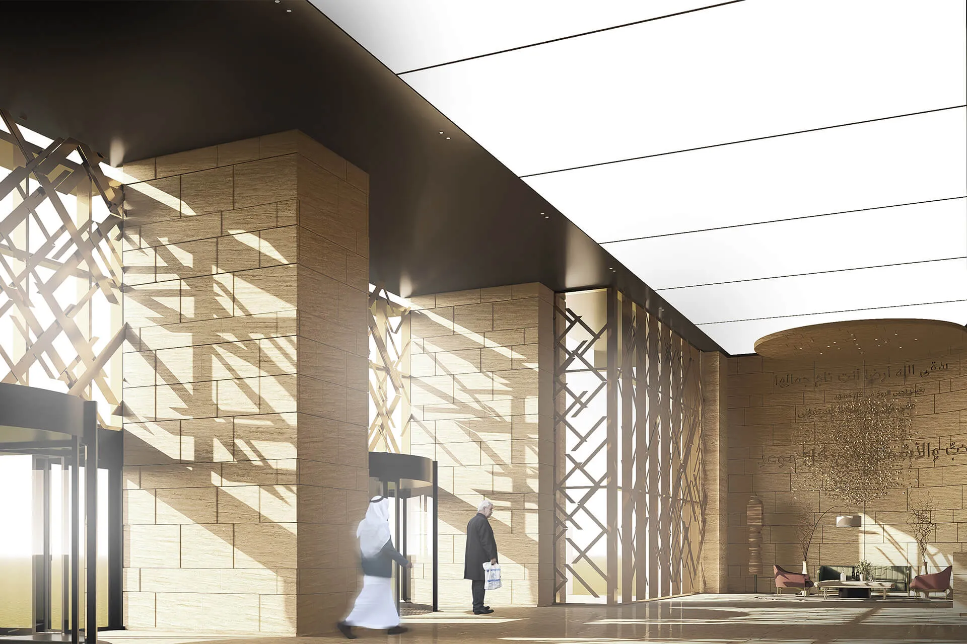 Landmark Tower designed by nicholas, showcasing modern Saudi architecture with warm sandstone walls, brass accents, and filtered natural light inspired by traditional Najdi design