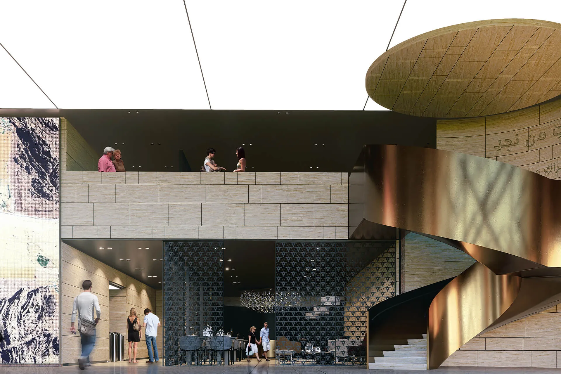 Skylounge Interiors of Landmark Tower in Riyadh, featuring contemporary Najdi-inspired design with brass details, sandstone textures, and panoramic city views