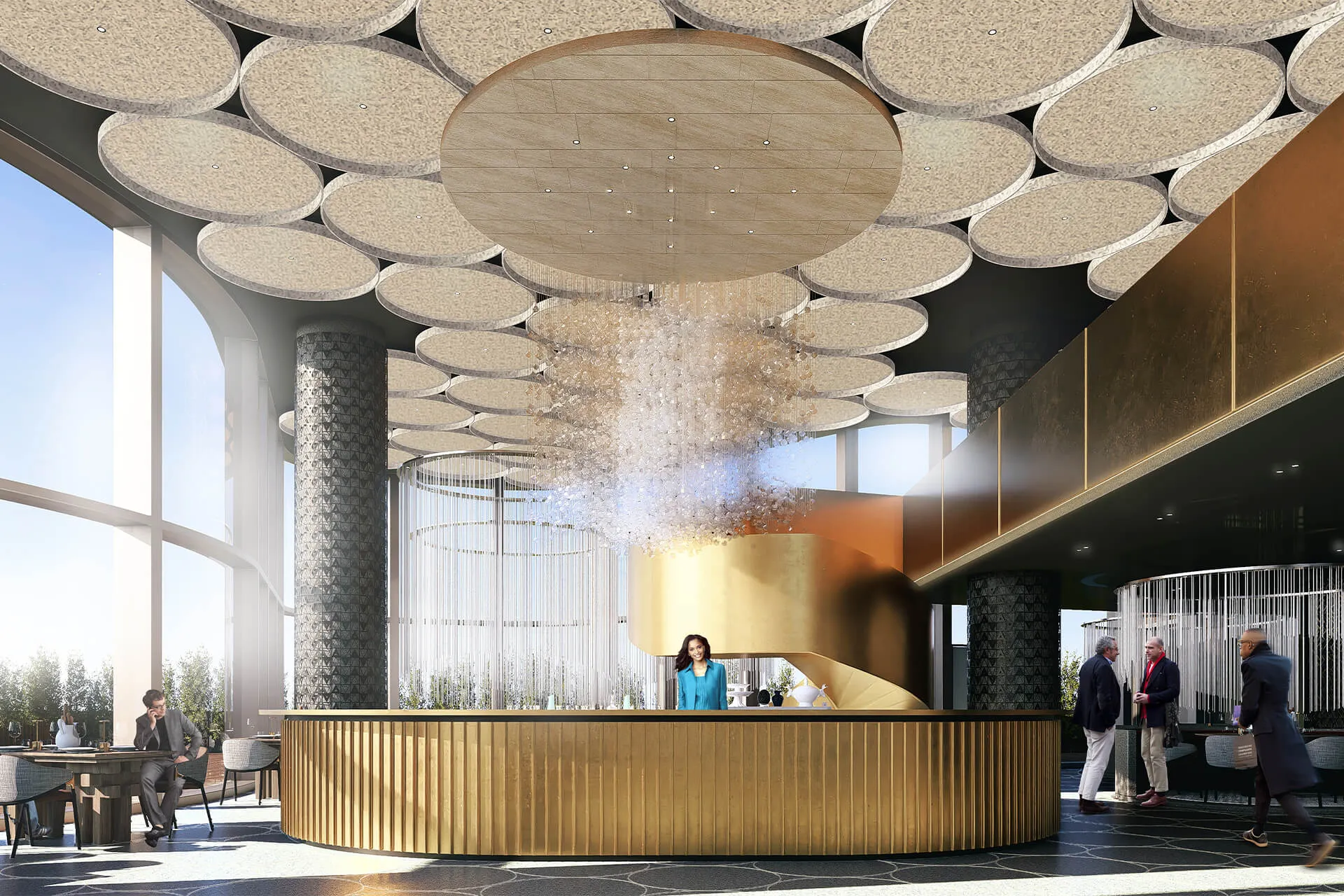 Skylounge Interiors of Landmark Tower in Riyadh, featuring contemporary Najdi-inspired design with brass details, sandstone textures, and panoramic city views