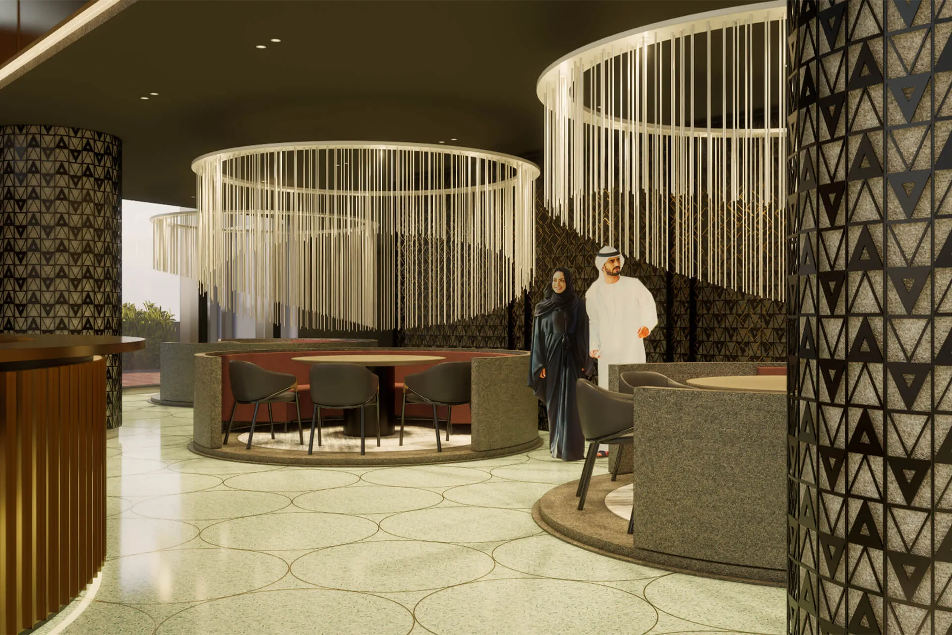Elegant dining hall with Najdi architectural details and warm brass finishes in Landmark Tower