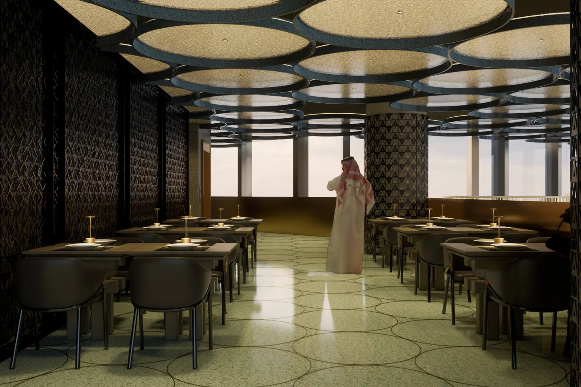 Dining hall in Landmark Tower designed by nicholas