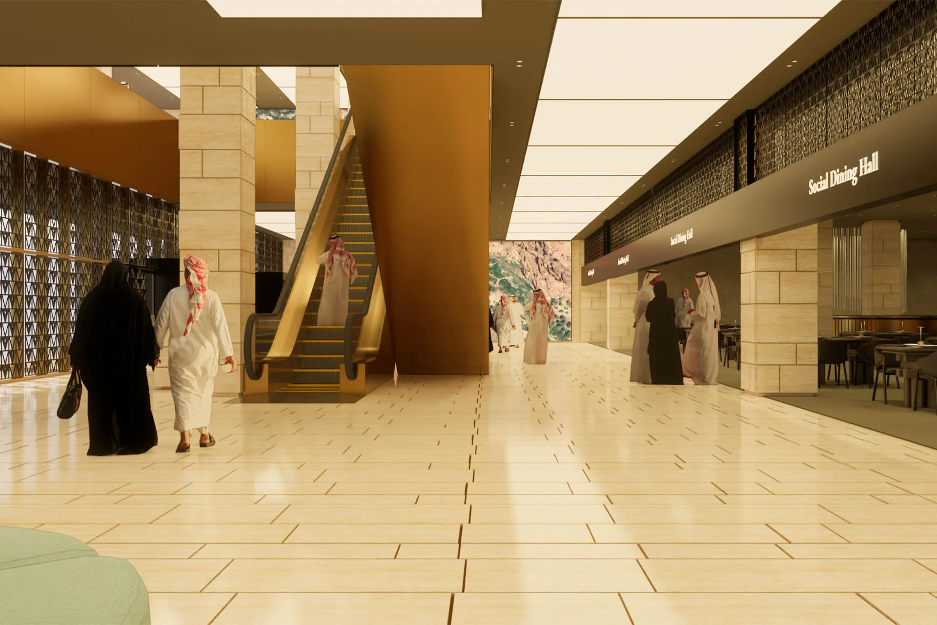 Retail Interiors of Landmark Tower, with retail spaces designed by nicholas, integrating traditional Najdi motifs and contemporary Saudi elegance