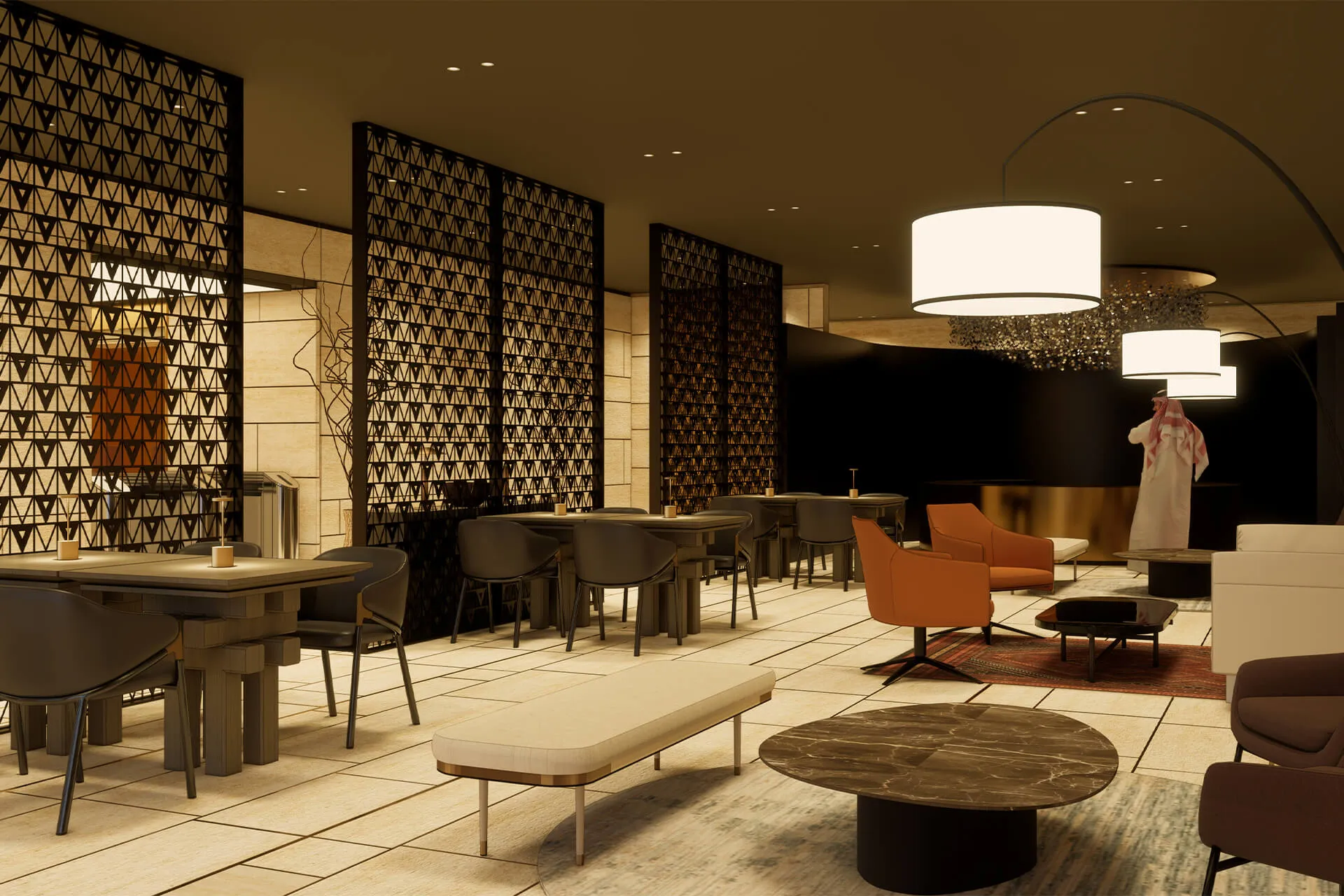 Najdi-inspired café with sandstone and brass finishes in Landmark Tower, Riyadh