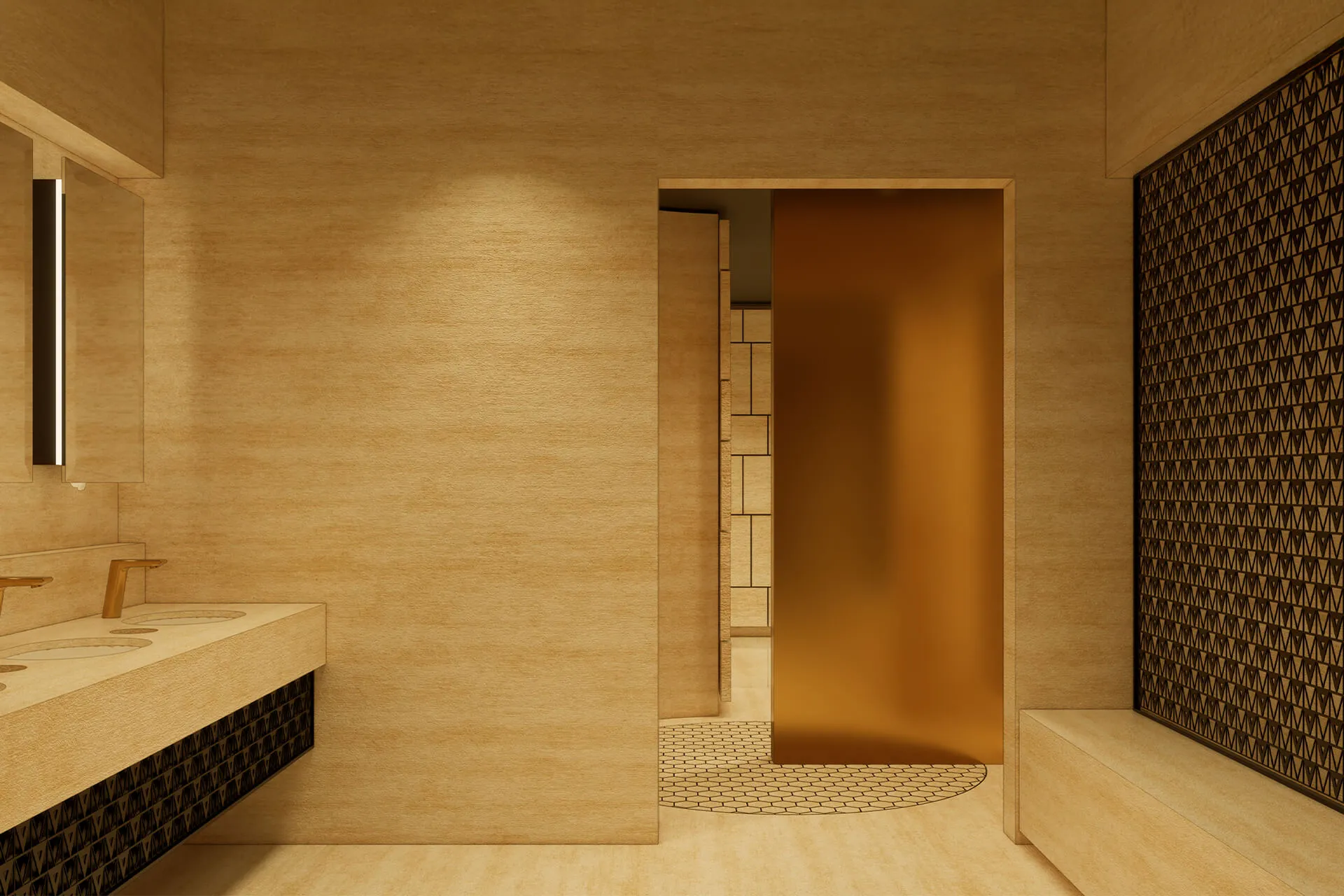 Modern Bathroom Design in Landmark Tower, featuring sandstone textures, brass fittings, and a minimalist layout inspired by Saudi architectural traditions