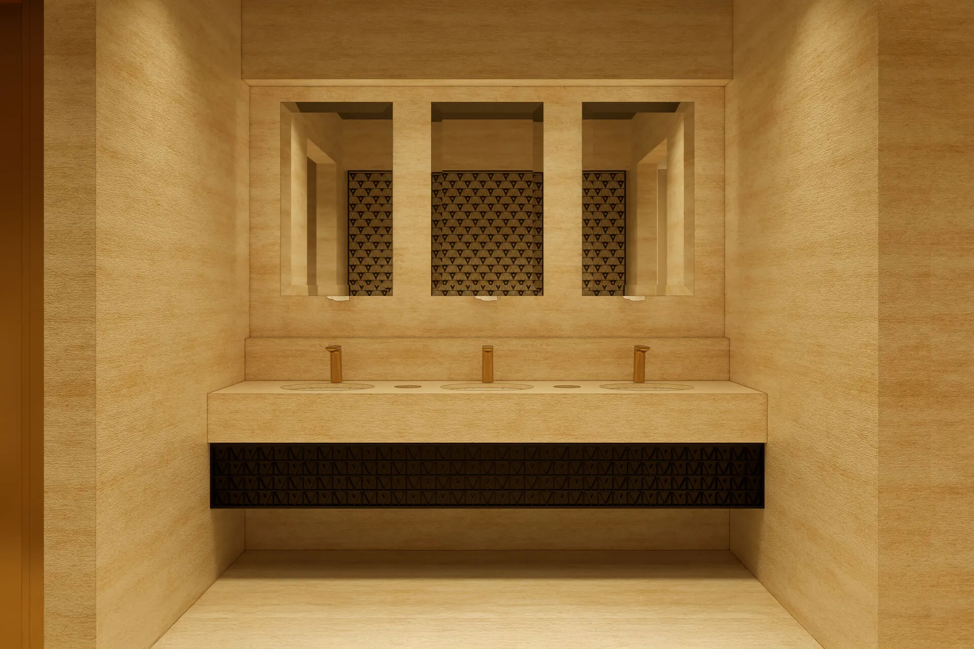 Minimalist bathroom with sandstone and brass finishes in Landmark Tower, Riyadh