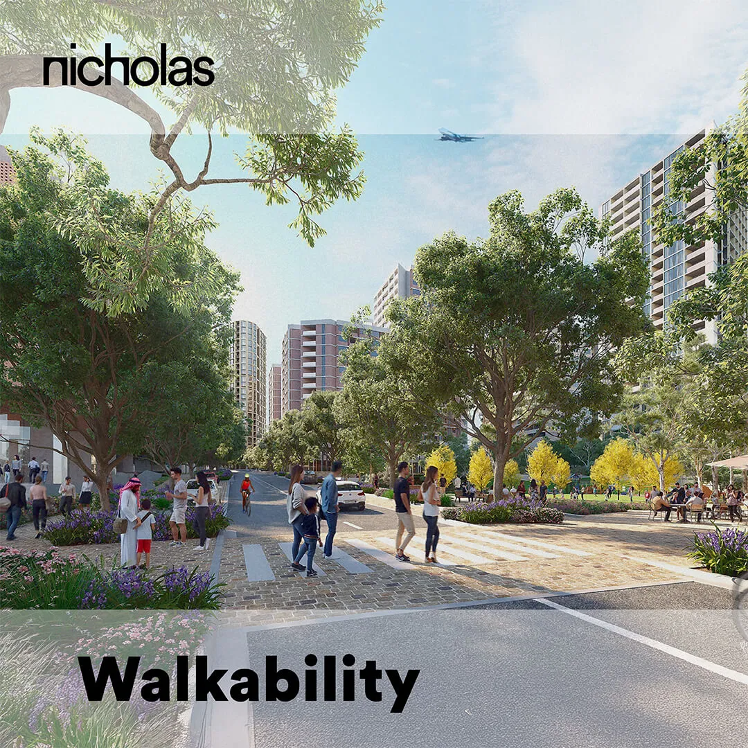 City environment featuring people walking and crossing a street, emphasizing walkability in urban design