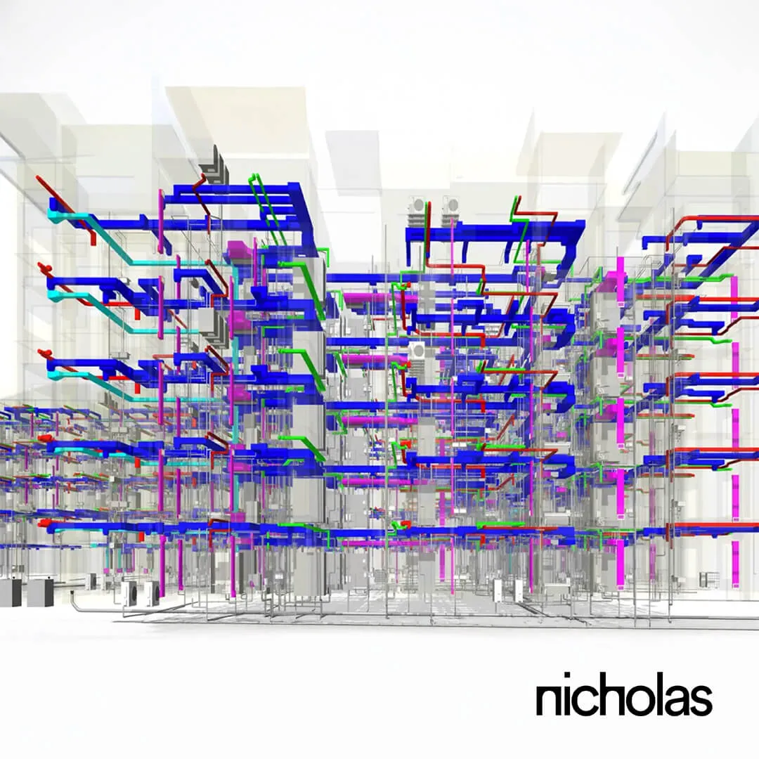Interior view of interconnected building pipework used to demonstrate BIM coordination challenges, clash detection, and multidisciplinary collaboration