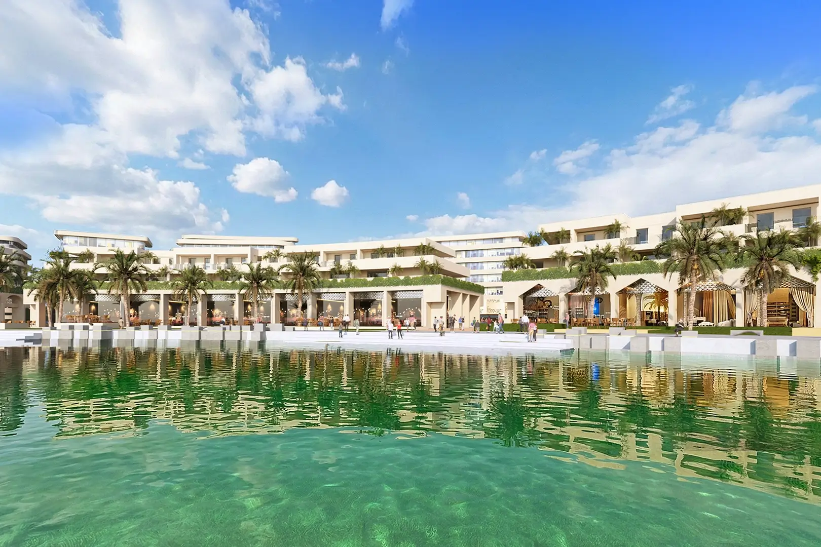 Row of luxury waterfront villas in Resort Island Town Centre, Bahrain