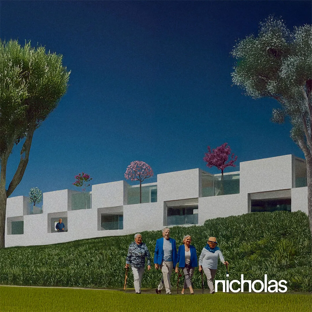 Residential aged care community set within landscaped gardens, where elderly residents walk and socialise in a healthcare environment