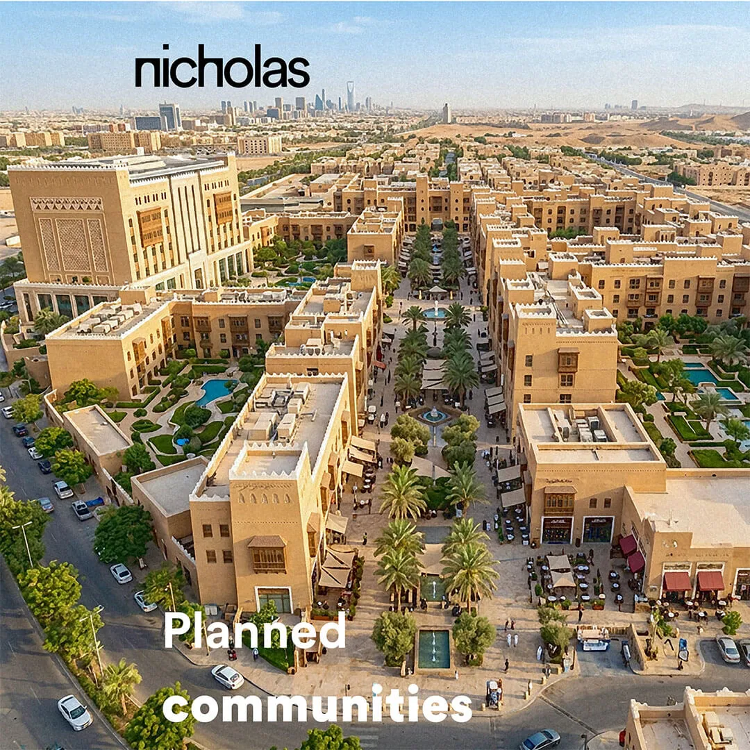 Aerial view of a Middle Eastern neighbourhood with ochre-toned buildings, courtyards, palm trees and water features