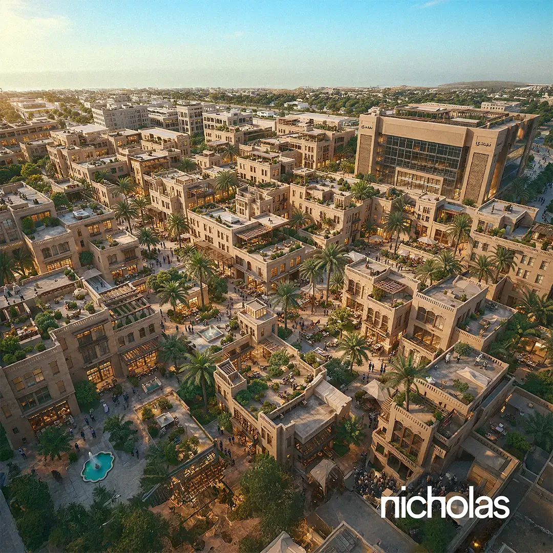 Aerial view of a planned urban development illustrating the spatial layout and character of a community designed to balance functionality, placemaking and human experience.