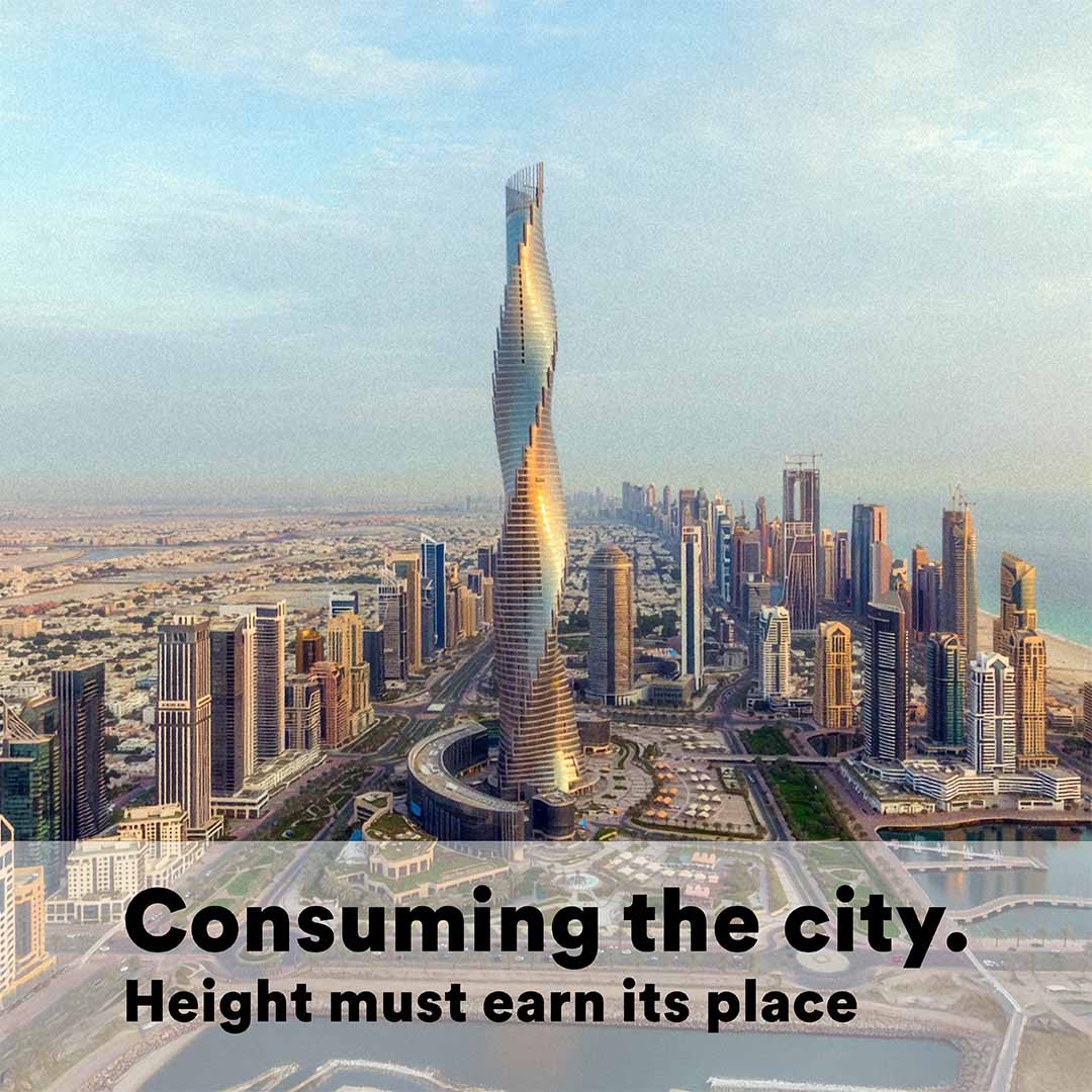 Aerial view of a modern city skyline dominated by a single tall skyscraper rising above surrounding high-rise buildings, illustrating the debate around vertical growth, urban density and sustainable architecture