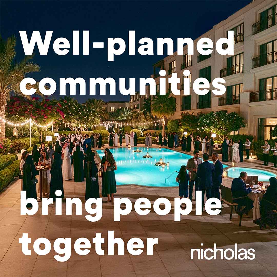 Elegant community event held within a landscaped courtyard, where guests enjoy each other presence and socialize beside a pool, illustrating people-centred urban design