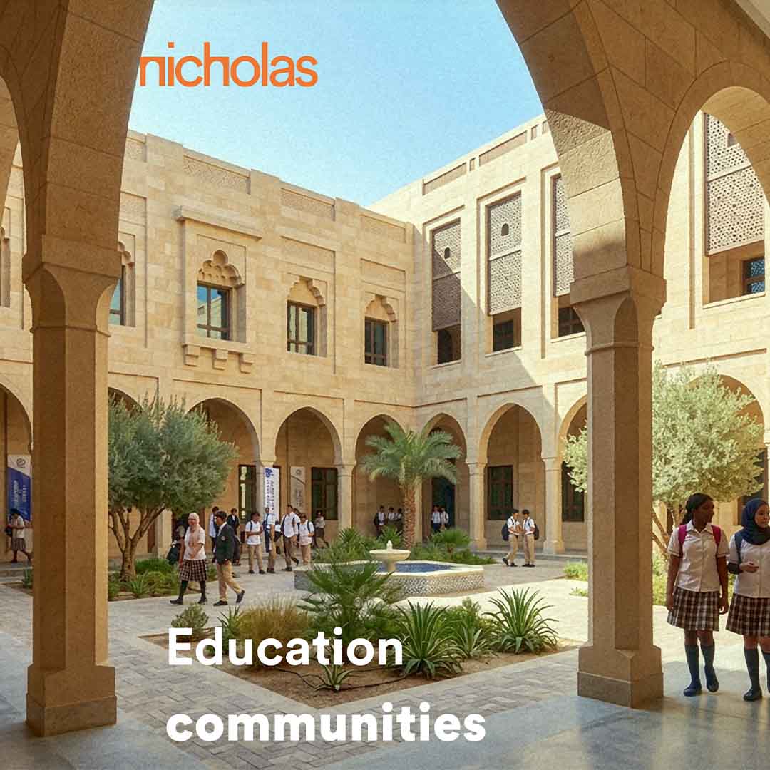 Students walking and socialising in a shaded school courtyard, illustrating climate-responsive educational architecture in Middle East