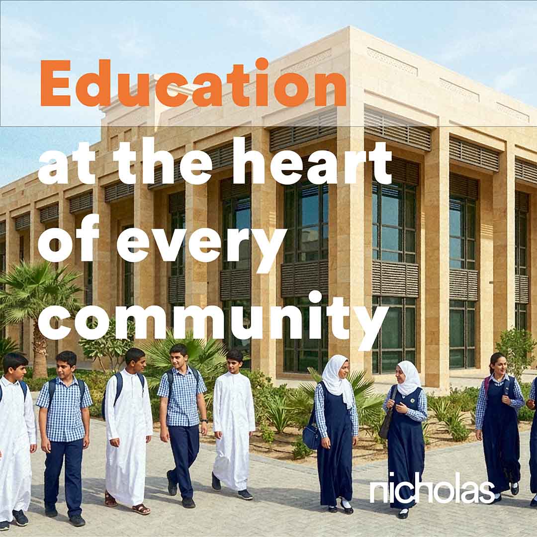 Students walking and socialising in a shaded school courtyard, illustrating community-focused learning environments inspired by Gulf architectural traditions