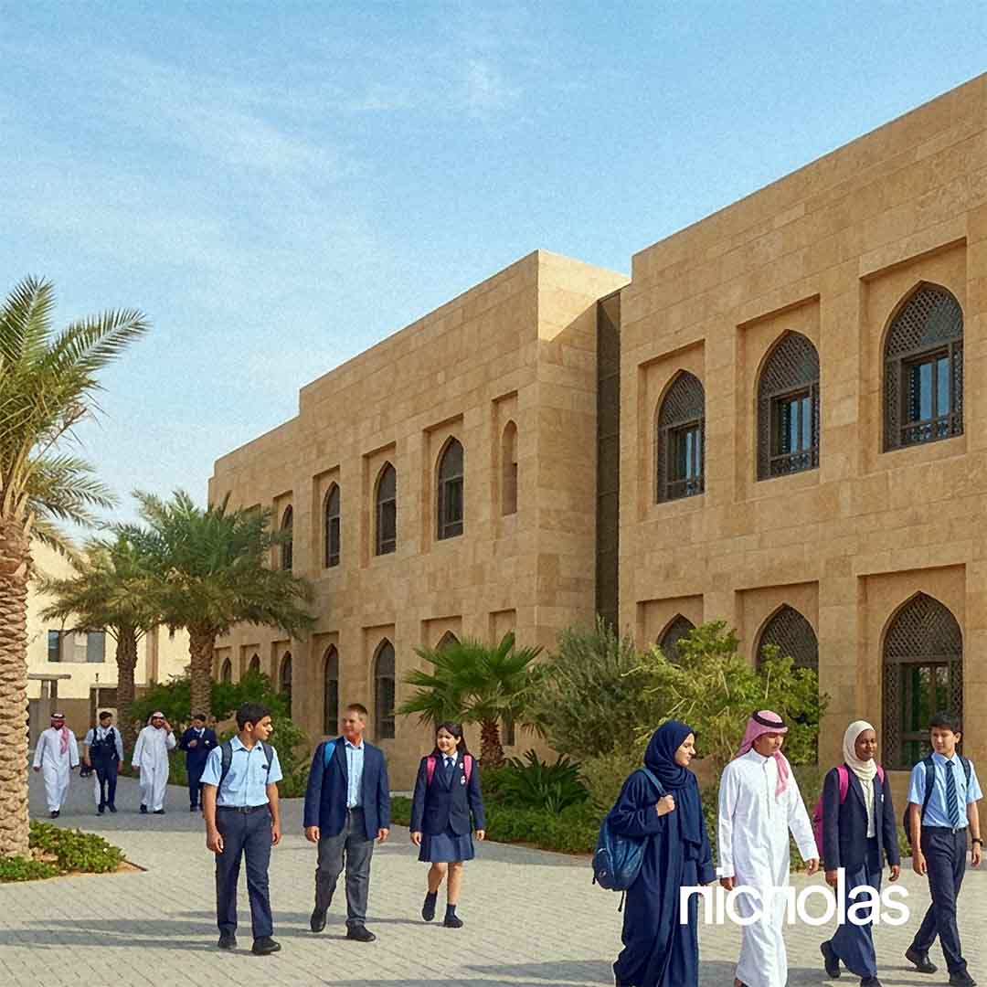 Students walking and socialising in a shaded school courtyard with colonnades, illustrating people-centred campus design, inspired by Gulf architectural traditions
