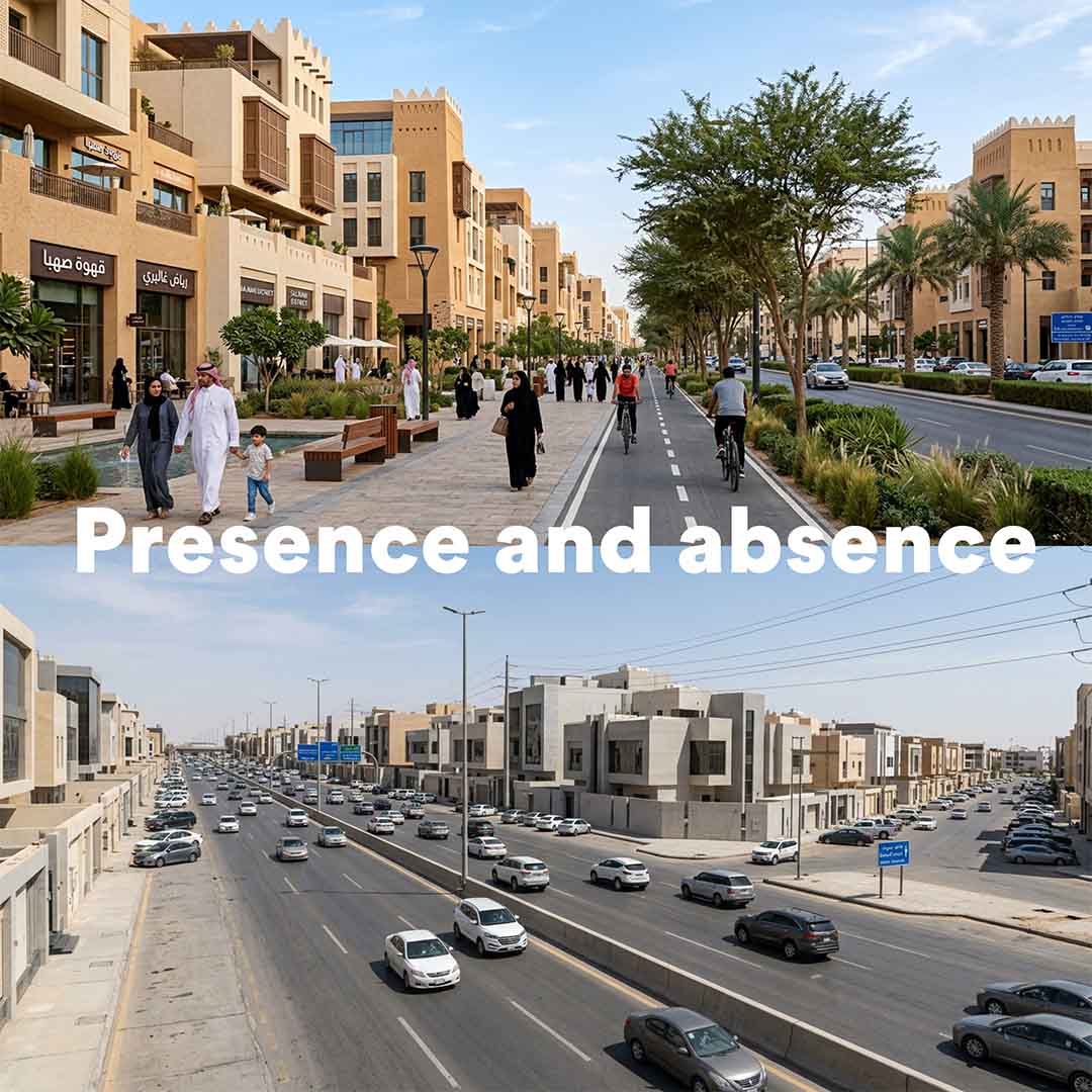Comparison of two urban environments: A warm, walkable Middle Eastern neighbourhood with traditional architecture, vs. a grey, car-dominated cityscape, illustrating the contrast between context-driven urban design and placeless modern development