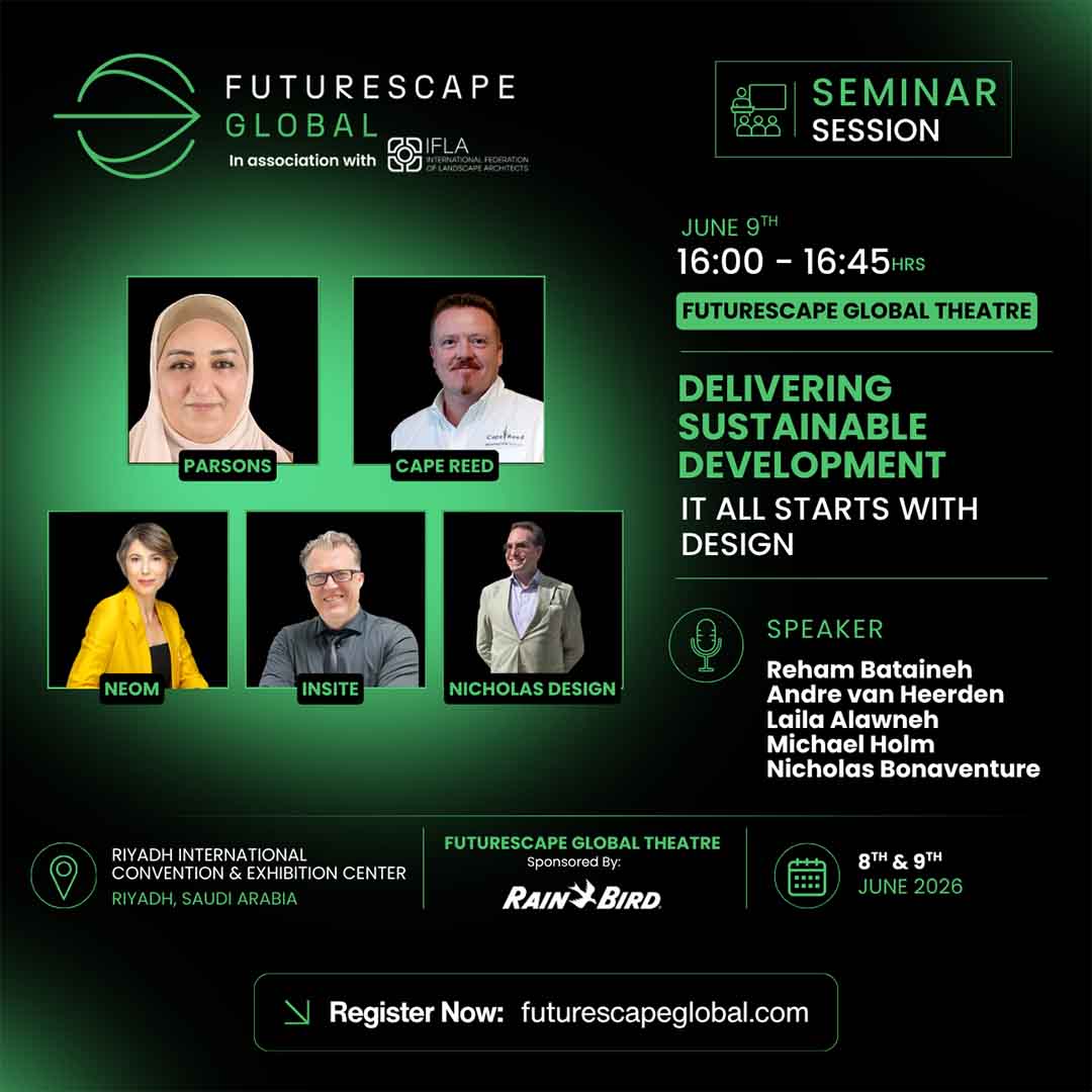 FutureScape Global in Riyadh promotional poster featuring a panel discussion listing the event details, speakers, and Nicholas’s participation in a conversation about design-led approaches to sustainable urban development in the Gulf region