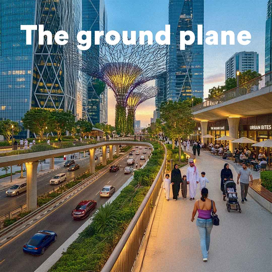 An elevated ground plane where vehicular traffic flows underneath while pedestrians, shops, and public life occupy the continuous city level above, illustrating a layered approach to walkable urban design
