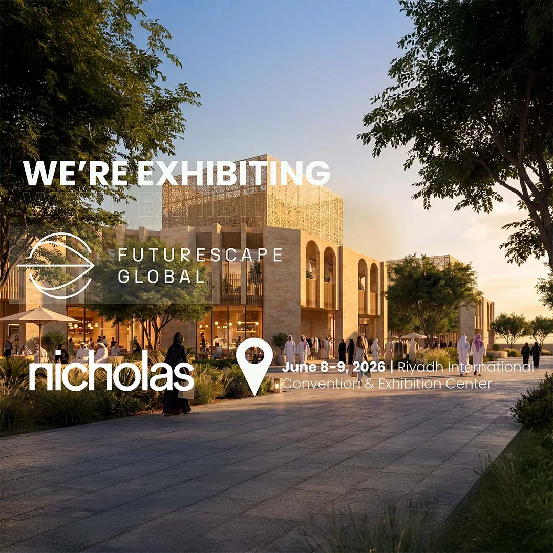 A promotional event poster for FutureScape Global in Riyadh highlighting Nicholas’s participation as an exhibitor and panel speaker