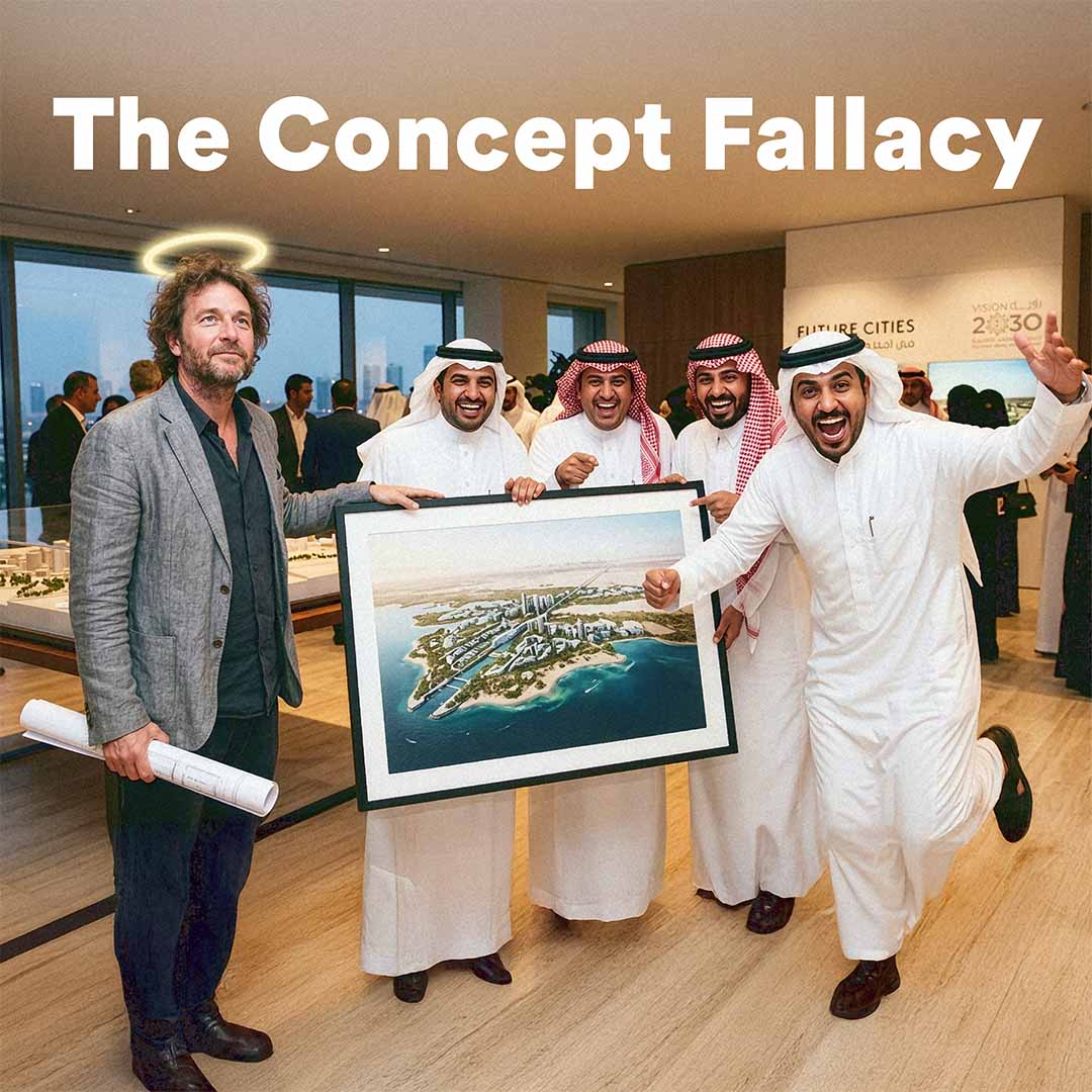 A satirical image showing an architect with a halo posing with smiling clients who hold up an architectural plan, highlighting the tension between celebrated conceptual design and practical project outcomes