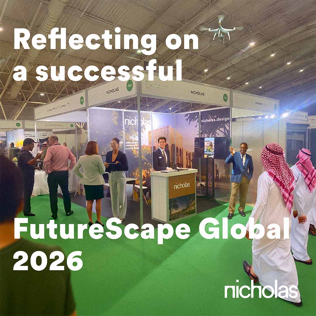 A busy exhibition stand for Nicholas at a design conference, with visitors walking through the space, capturing the atmosphere of networking and exchange at FutureScape Global 2026