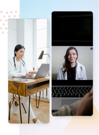 A composite image showing two scenes: on the left, a female doctor in a white coat sits at a wooden desk working on a laptop in a bright, modern office. On the right, a laptop screen displays a video call with another female doctor, also in a white coat, smiling and engaged in conversation. The background features soft gradient colors and decorative elements.