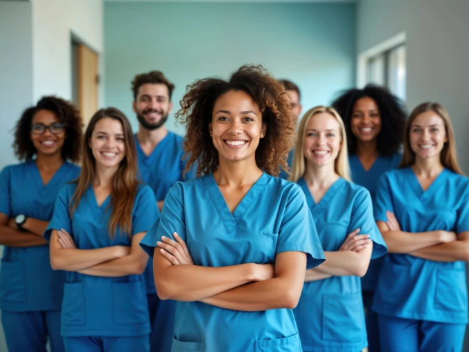 Group of smiling dental assistants standing together in scrubs, representing teamwork, diversity, and career success for dental hygiene.