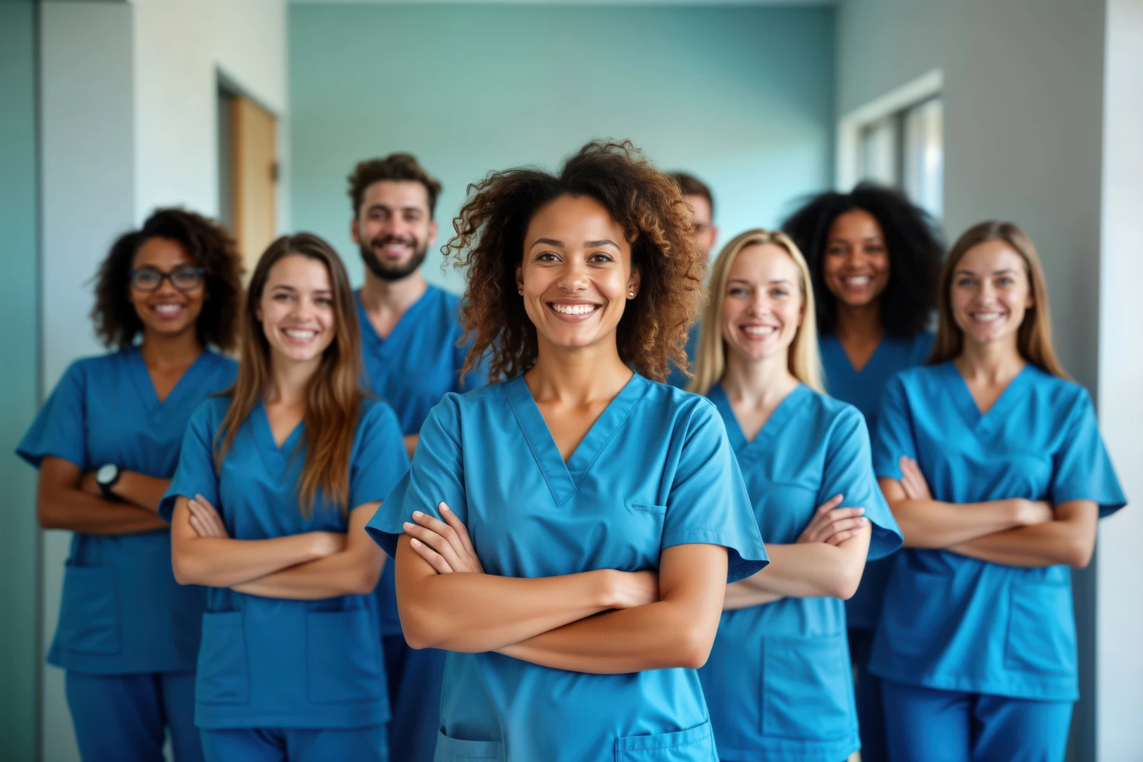 Group of smiling dental assistants standing together in scrubs, representing teamwork, diversity, and career success for dental hygiene.