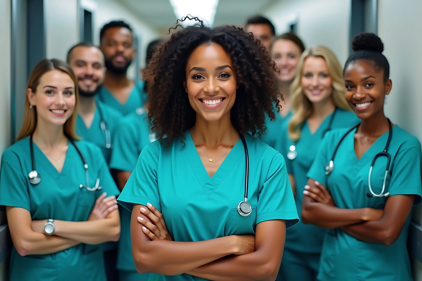 Group of nurses standing together in a hospital hallway, reflecting the growing size of the nursing workforce in 2025