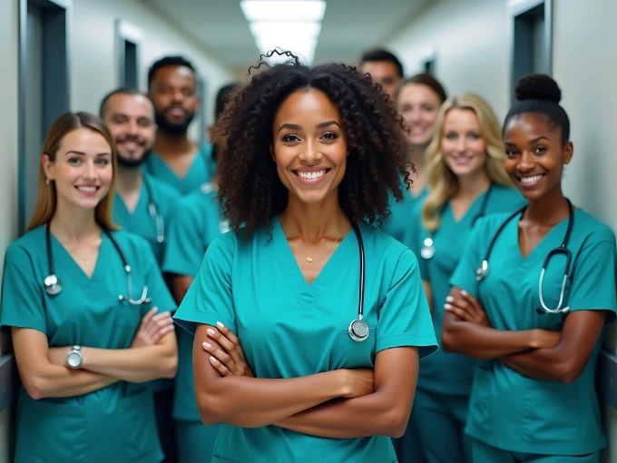Group of nurses standing together in a hospital hallway, reflecting the growing size of the nursing workforce in 2025