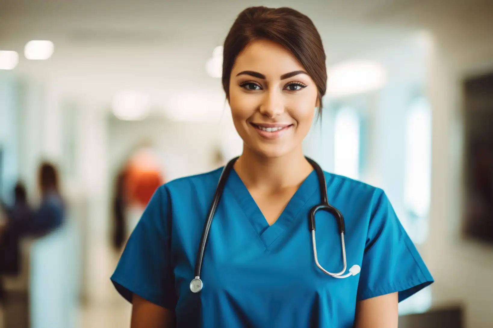 Woman beginning nursing shift during typical working hours for a nurse