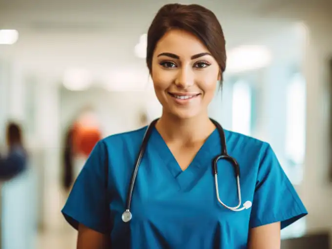 Woman beginning nursing shift during typical working hours for a nurse