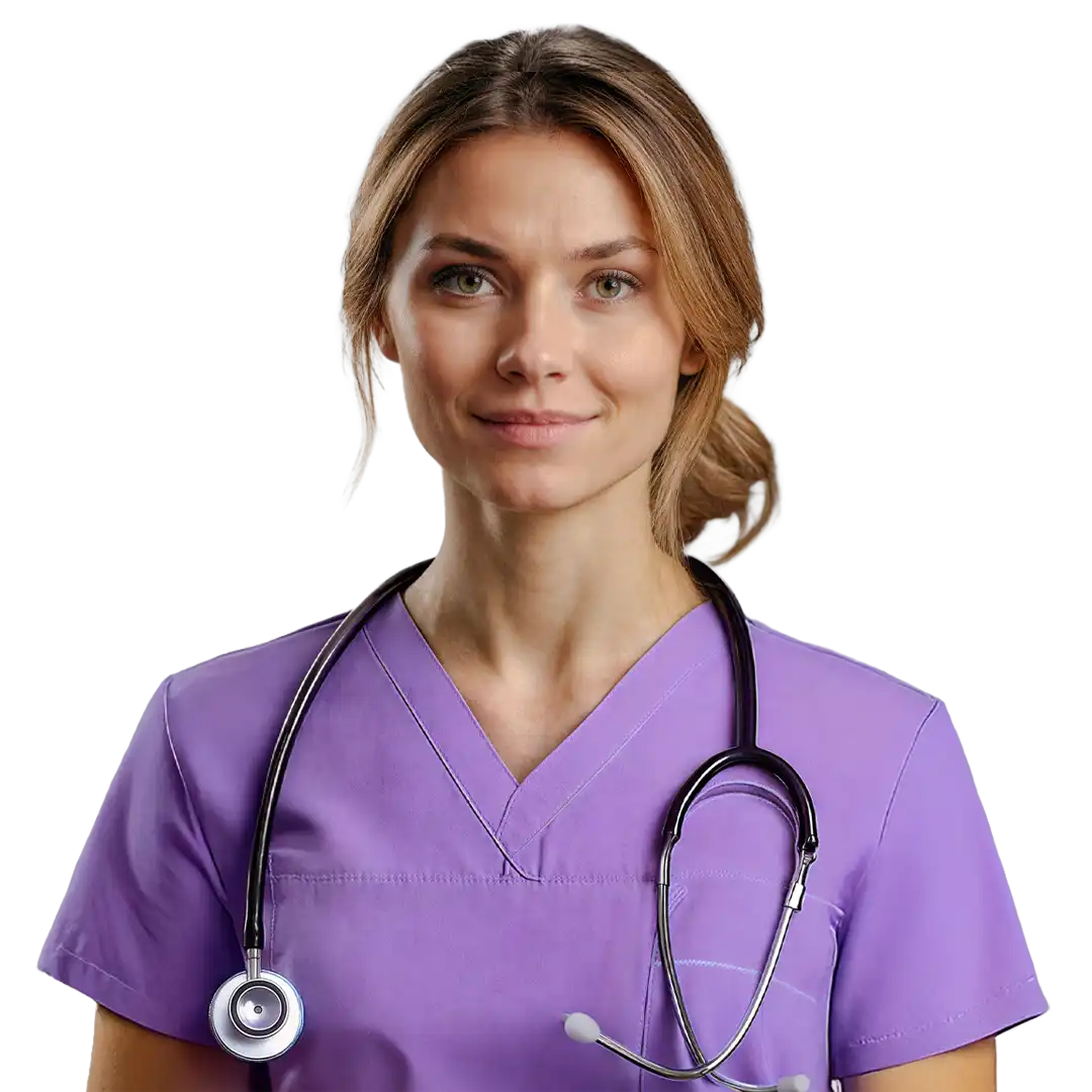 Nurse working through LPN to RN career pathway online to complete LPN to RN transition program. 