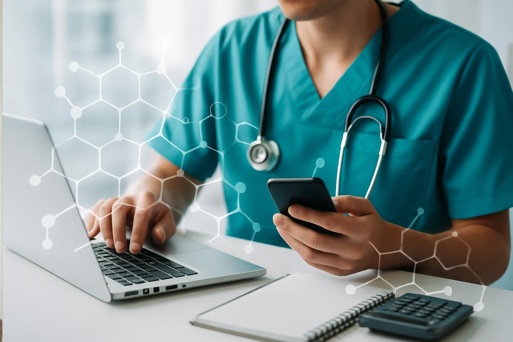 Nurse using a laptop and phone with a notebook and calculator nearby, researching student loan forgiveness options.