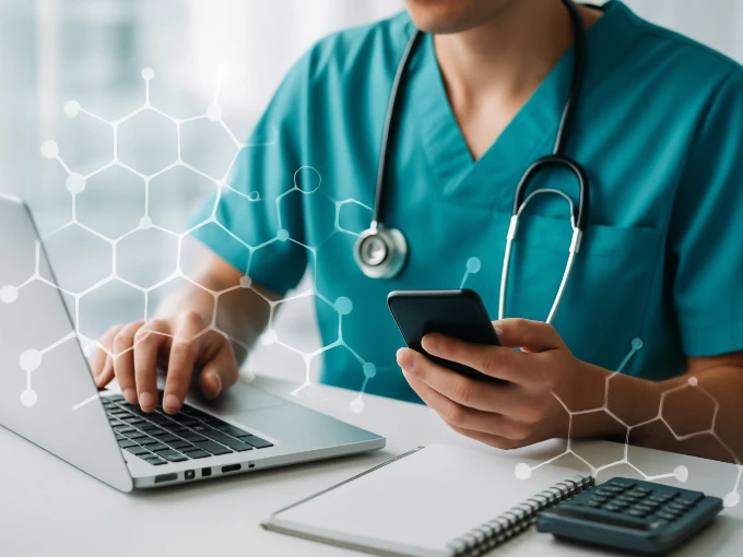 Nurse using a laptop and phone with a notebook and calculator nearby, researching student loan forgiveness options.