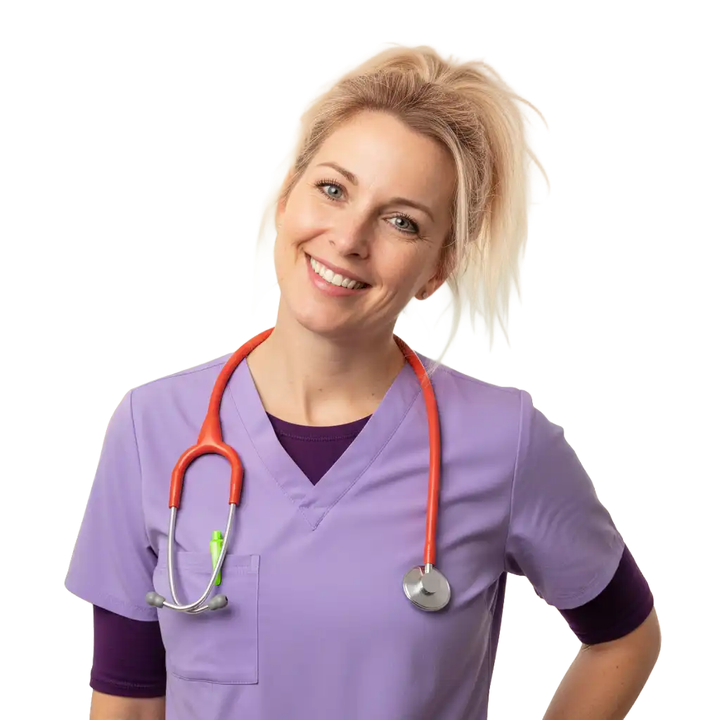 Nurse working through LPN to RN career pathway online to complete LPN to RN transition program. 