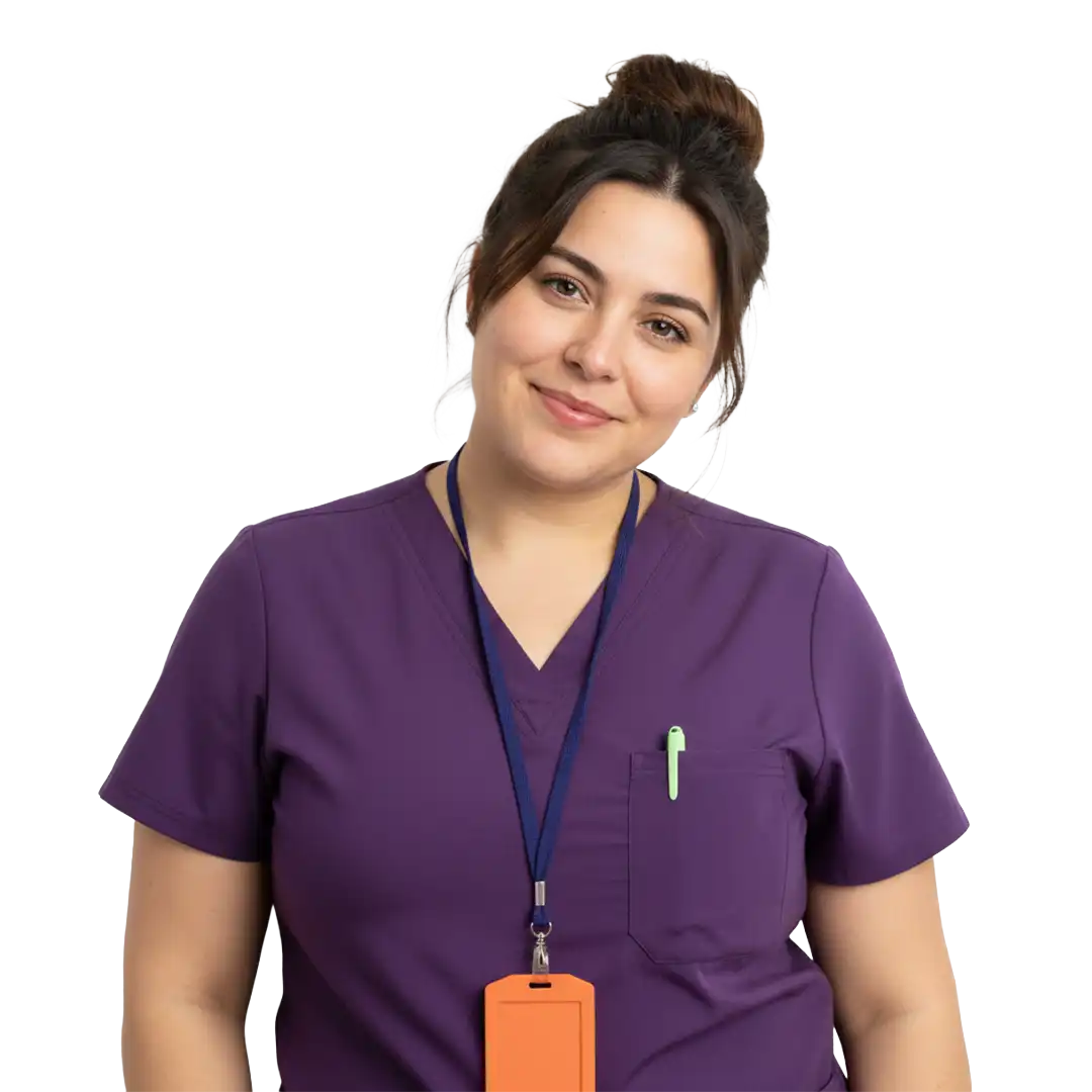 Smiling nurse working through an LPN to NP career pathway online to complete an LPN to NP program