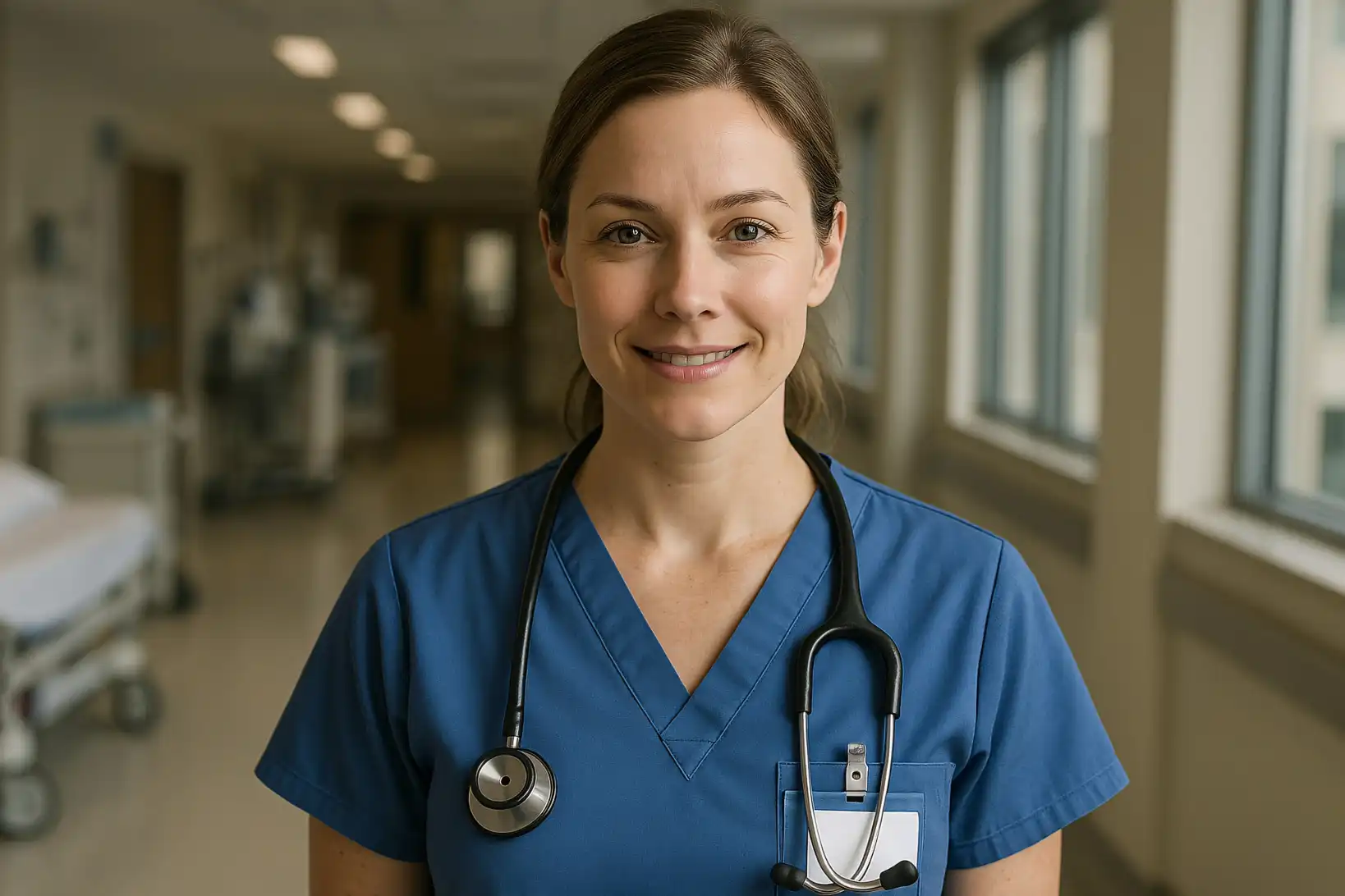 Female nurse in blue scrubs who chose to be an LPN before RN