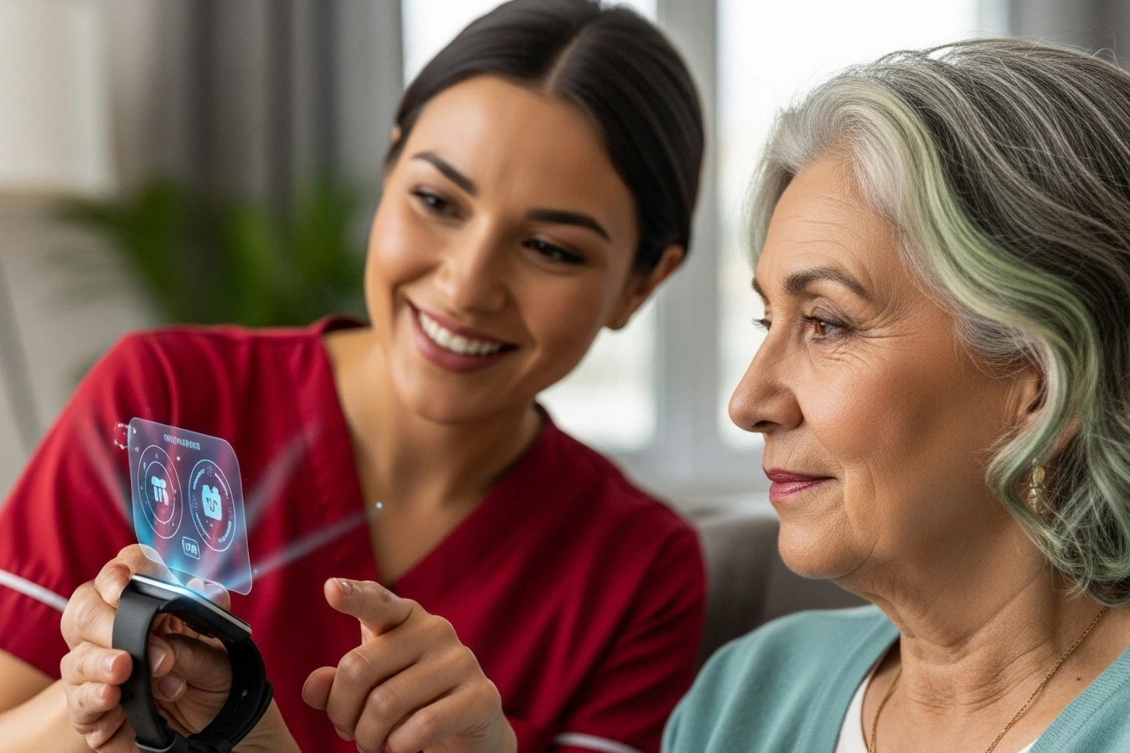 Female nurse in red scrubs explaining how to use wearable technology to an elderly patient