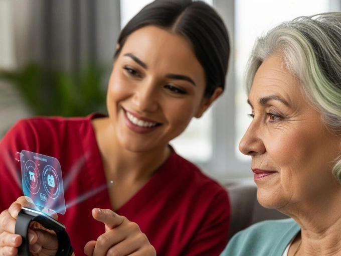 Female nurse in red scrubs explaining how to use wearable technology to an elderly patient