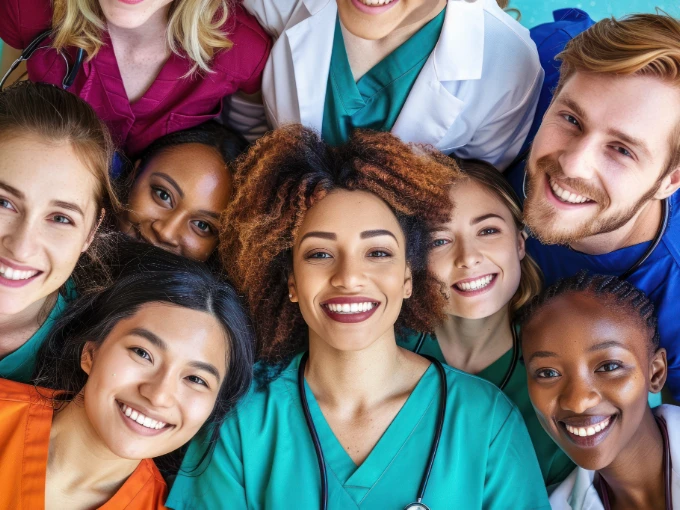 A diverse group of smiling nurses in scrubs, symbolizing teamwork, empowerment, and the rise of nurse entrepreneurs in 2026.