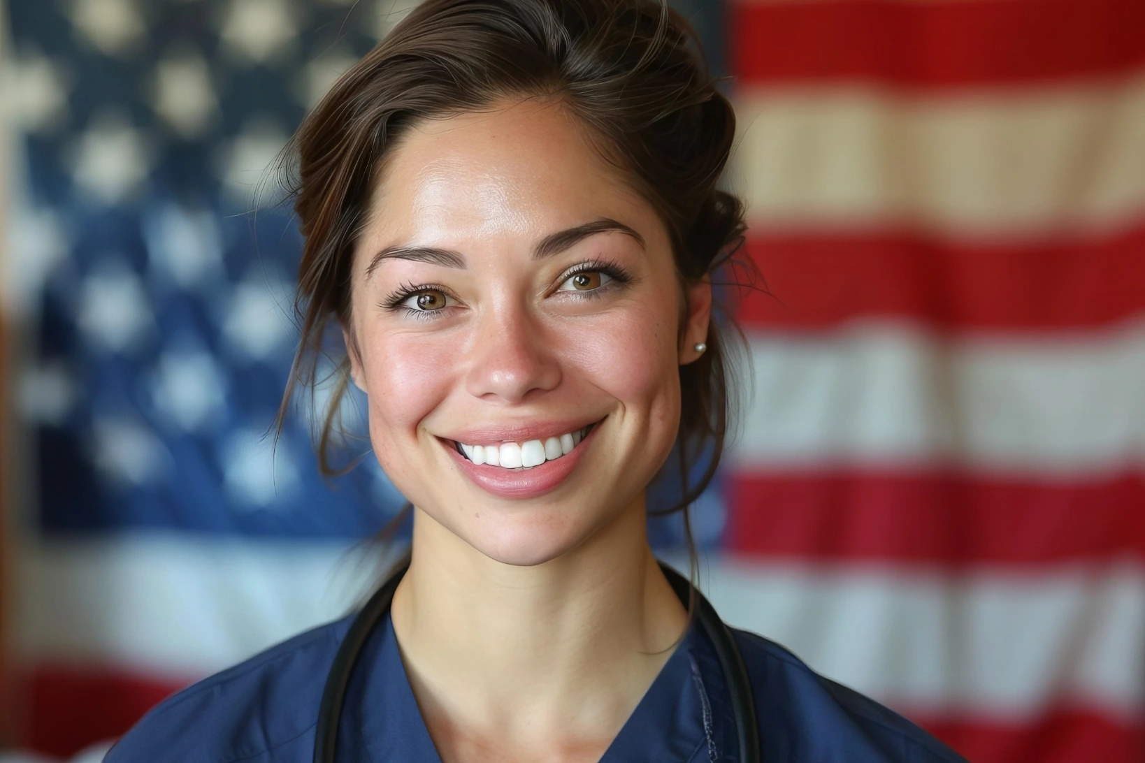 Brown-eyed female VA nurse in blue scrubs smiling in front of American flag