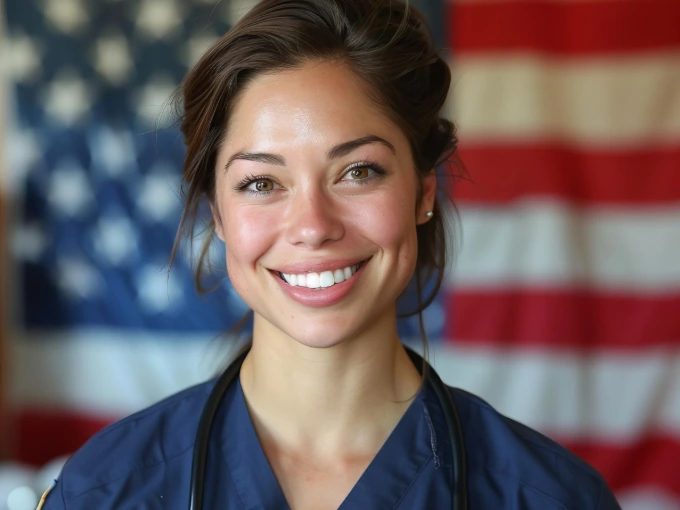 Brown-eyed female VA nurse in blue scrubs smiling in front of American flag